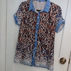 Animal Print Sz L Button-Up Short Sleeve Blouse with Blue Accents